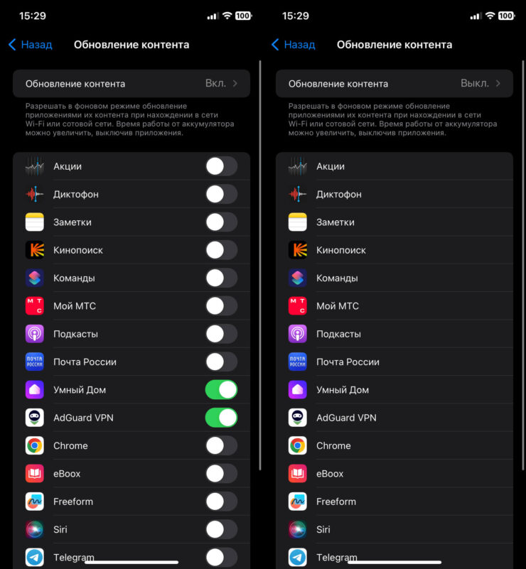 Как отключить фоновое обновление на Айфоне. Обновление контента можно отключить как для конкретного приложения, так и для всех разом. Фото.
