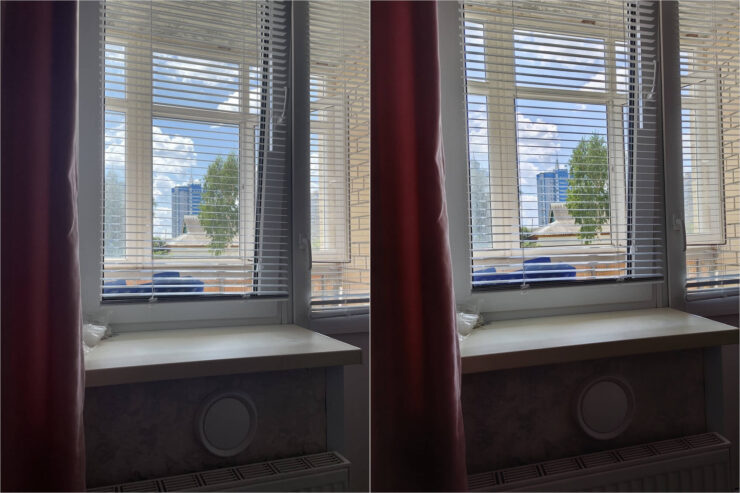 Смартфон с быстрой зарядкой. Слева — iPhone 12, справа — Huawei Nova 11 Pro. Это сложная сцена, но оба справились неидеально. Зато отлично отработали небо. Фото.