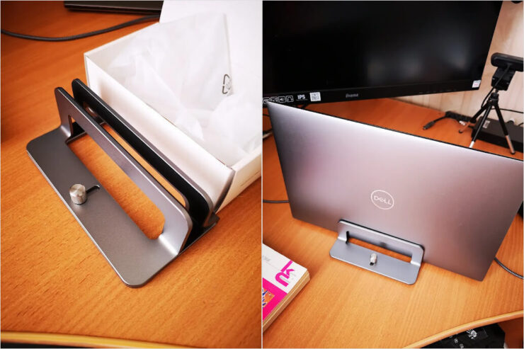 Вертикальная подставка для ноутбука. Ширину посадочного гнезда этого держателя можно изменять при помощи механической регулировки. Фото.