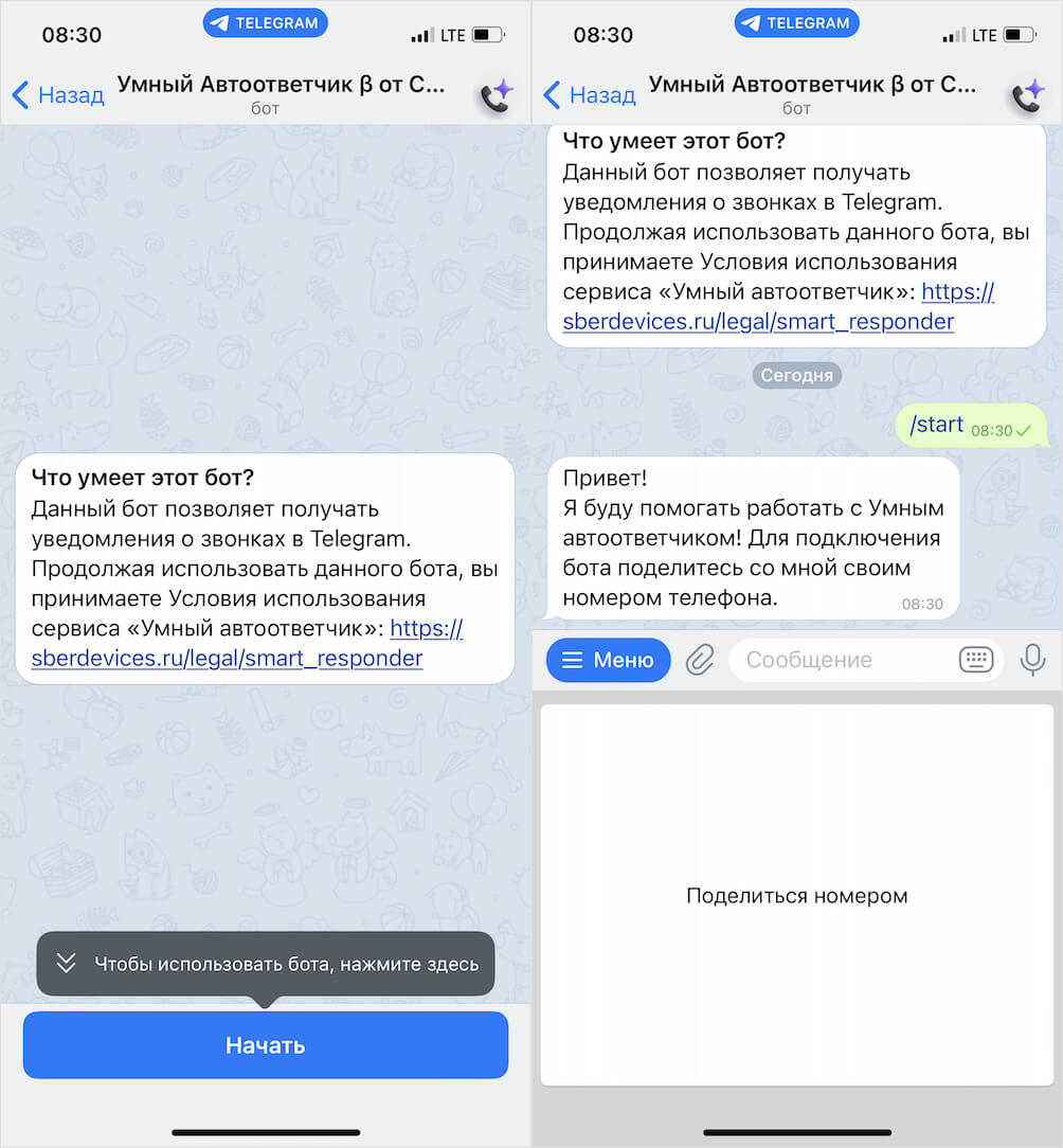 Как включить автоответчик Сбера Салют. На iOS настройка автоответчика выполняется только через бота. Фото.