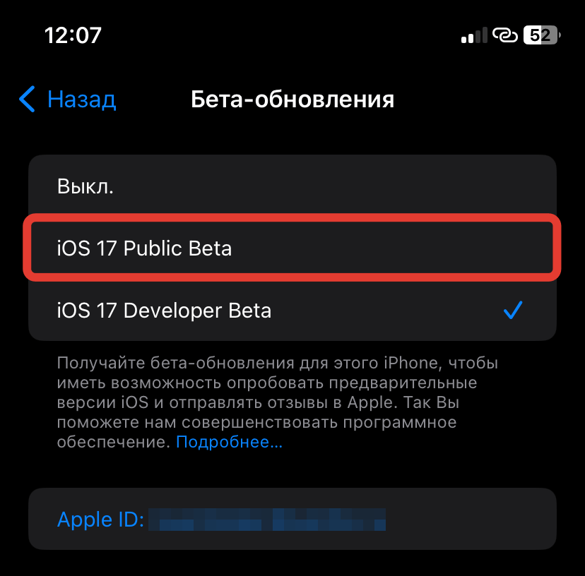 Как установить iOS 17 Public Beta. Просто поставьте галочку на iOS 17 Public Beta. Фото.