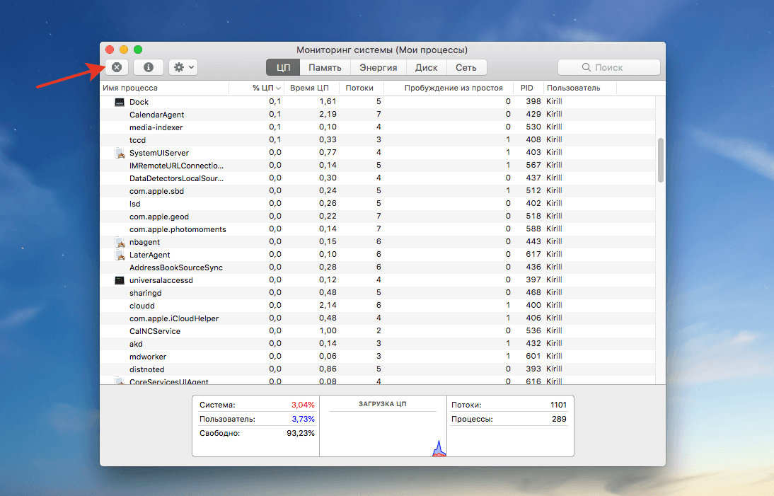 Принудительно закрыть программу на Маке. Отключите программы, которые дольше всего нагружают процессор. Фото.