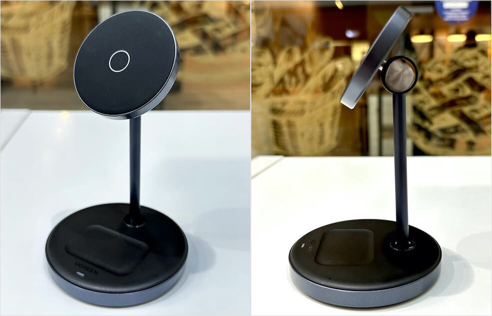 Подставка для iPhone с беспроводной зарядкой. Это зарядник 2 в 1: для iPhone и AirPods. Фото.