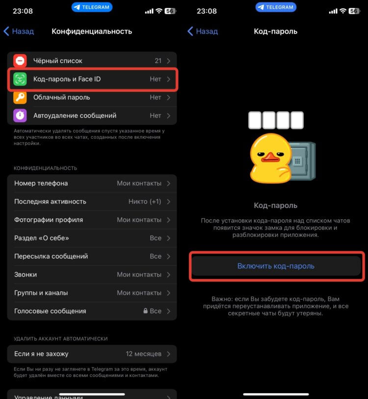 Пароль на Телеграм. Телеграм можно дополнительно заблокировать. Фото.