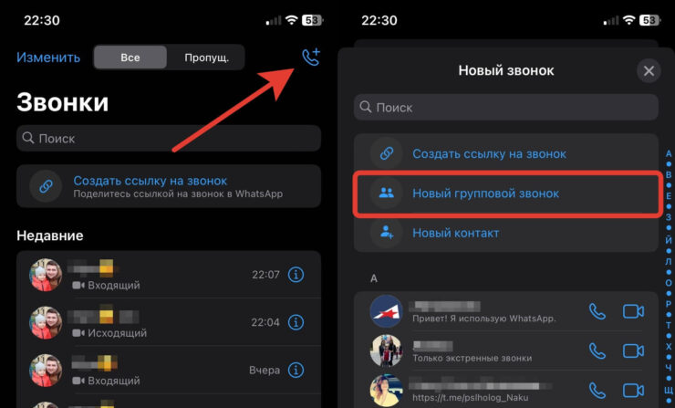 Групповой звонок в Ватсапе. Групповые звонки можно создать через соответствующий раздел. Фото.