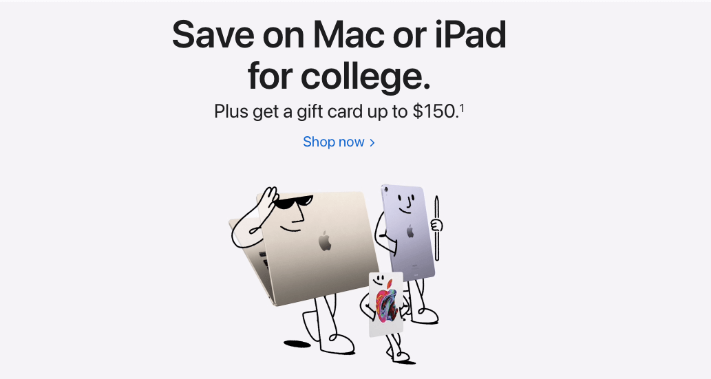 Стоит ли покупать MacBook Air на M1 в 2024 году. Apple уже сейчас делает скидку в 150 долларов на все свои компьютеры для студентов. В будущем она может вырасти ещё больше. Фото.