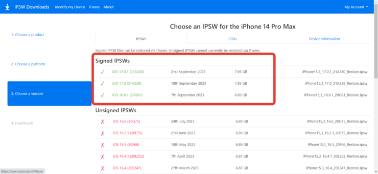 Как откатиться с iOS 17. Все прошивки с зеленой галочкой можно установить. Фото.