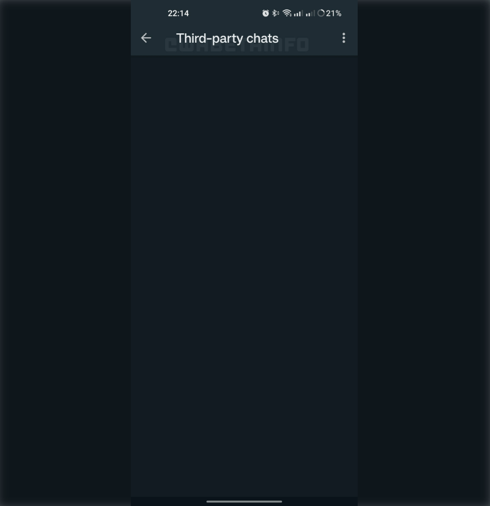 Отправить сообщение из Ватсапа в Телеграм. Вот такое окно открывается, при переходе в раздел “Third-party chats”. Фото.