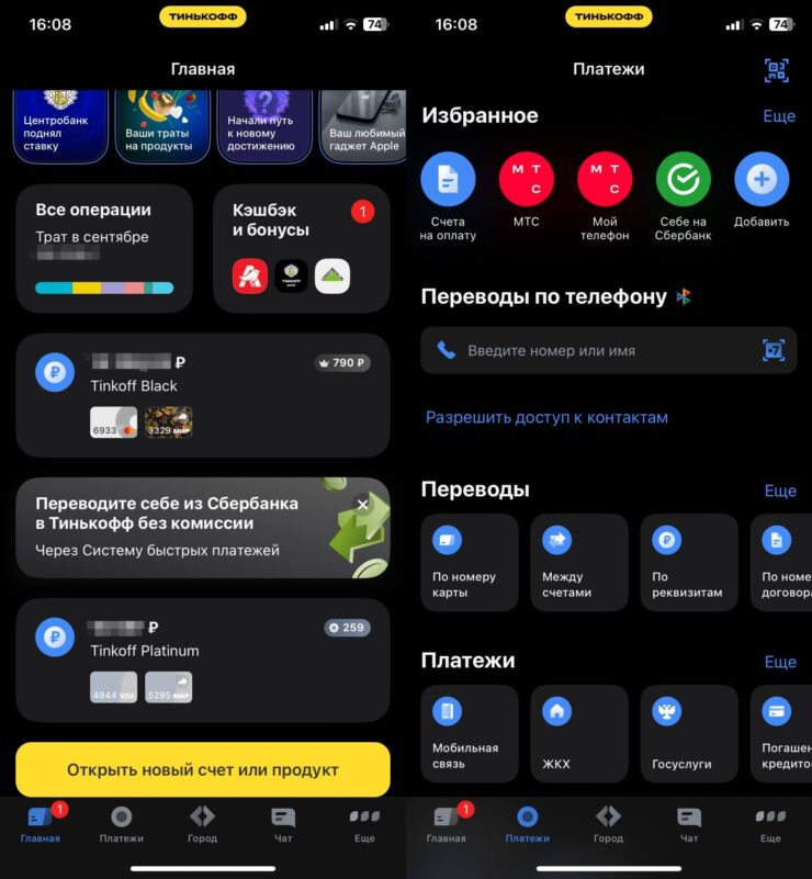 Приложение Тинькофф на Айфоне с iOS 17. Все данные по картам отображаются в приложении корректно. Фото.