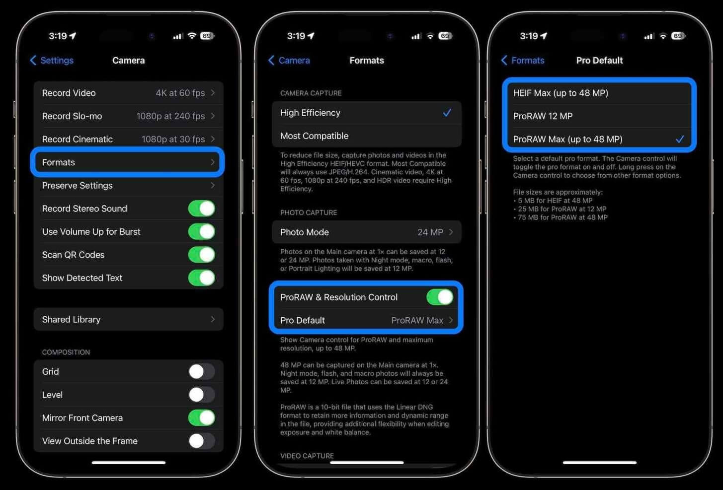 Как включить 48 мегапикселей на Айфоне. На iPhone 15 Pro и iPhone 15 Pro Max снимать в 48 МП можно как в формате RAW, так и в HEIF. Источник: 9to5Mac.com. Фото.