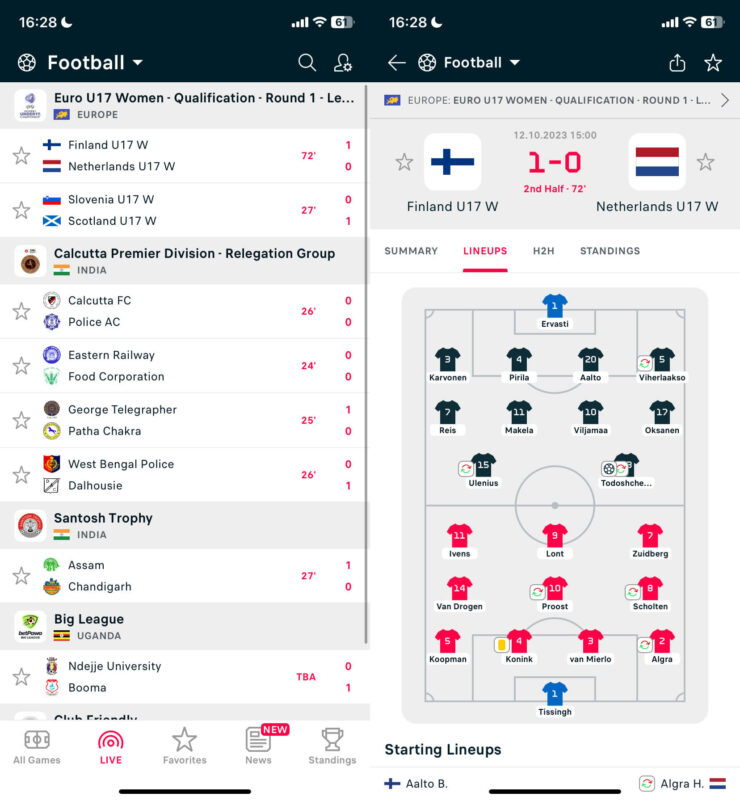 Результаты спортивных соревнований. Жаль, что в приложении нет русского языка. Фото.