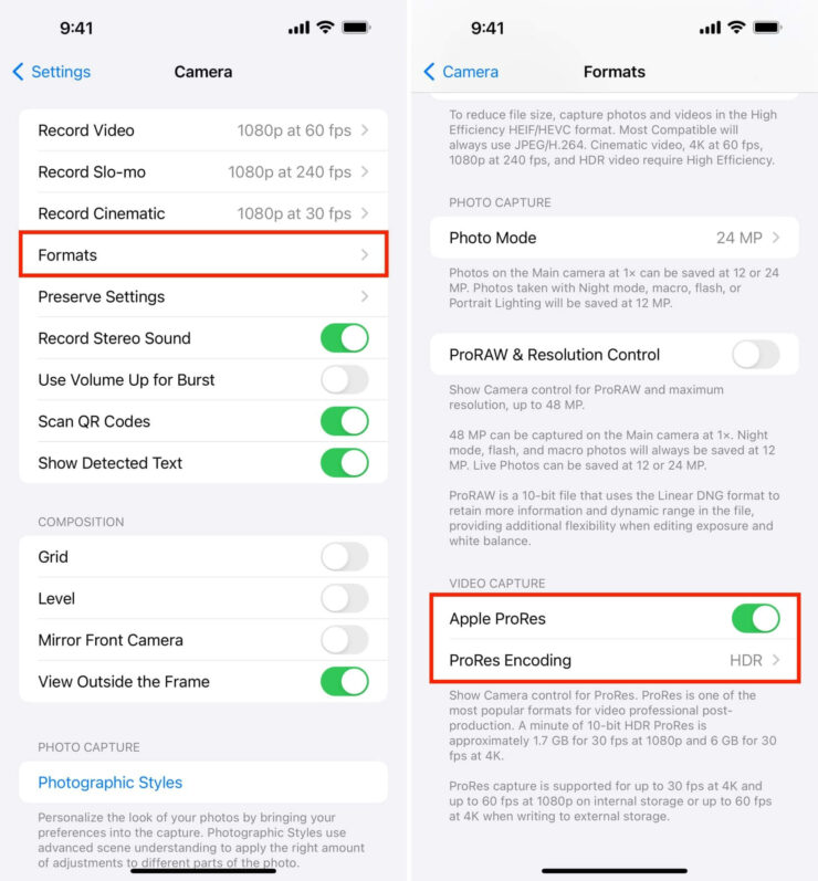 Как снимать видео ProRes на iPhone 15 Pro. Прежде всего необходимо включить ProRes в настройках. Источник: idownloadblog.com. Фото.