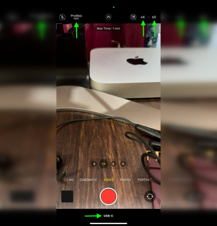 Настройка съёмки: ProRes в 4K с 60 FPS. Убедитесь, что у вас установлены такие параметры и появилась надпись «USB-C» в нижней части экрана. Источник: idownloadblog.com. Фото.