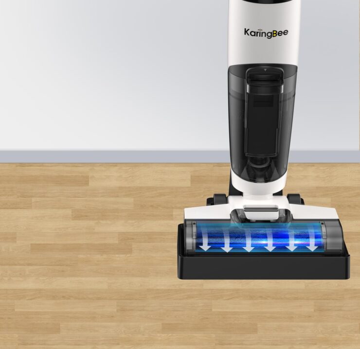 Вертикальный пылесос с самоочисткой. Очистка на станции позволит не полоскать валик руками. Фото.