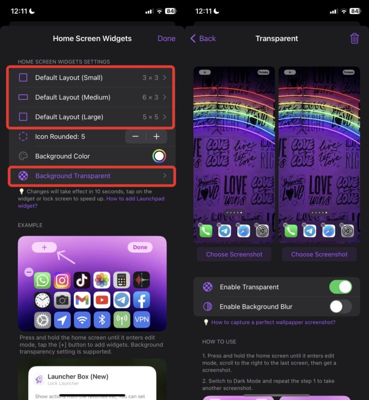 Приложение для виджетов на Айфон. Настройте фон, чтобы виджет казался прозрачным. Фото.