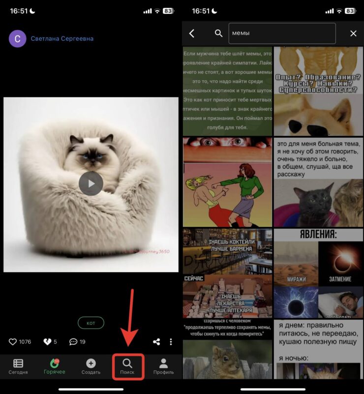 Где скачать мемы. Мемы в этом приложении можно найти через поиск. Фото.