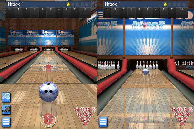 My Bowling 3D — игра на телефон. Если попадете по центру, то с большой долей вероятности сможете сбить все кегли за один раз. Фото.