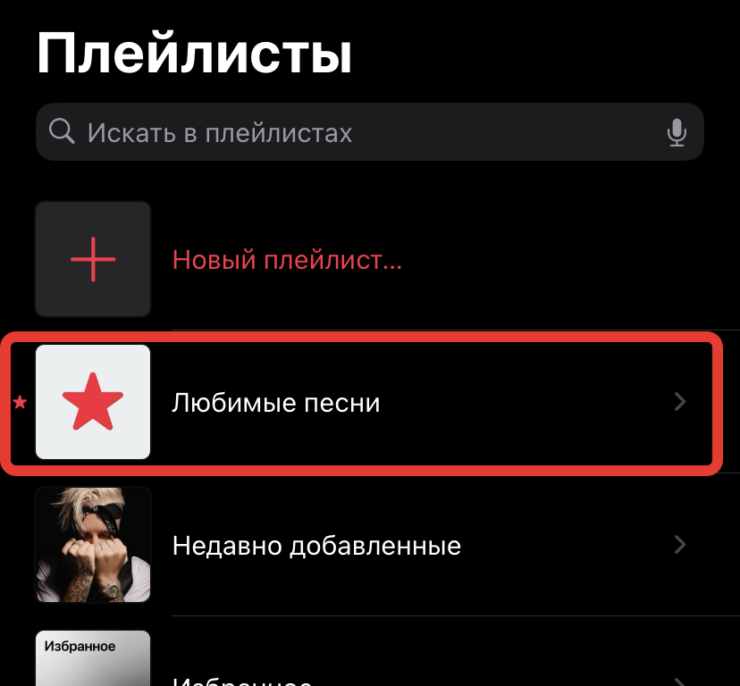 Избранное в Apple Music. Альбом для лайкнутых треков называется «Любимые песни». Фото.
