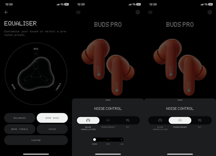 Приложение для наушников. Поддерживается настройка эквалайзера и мощности шумоподавления. Фото.