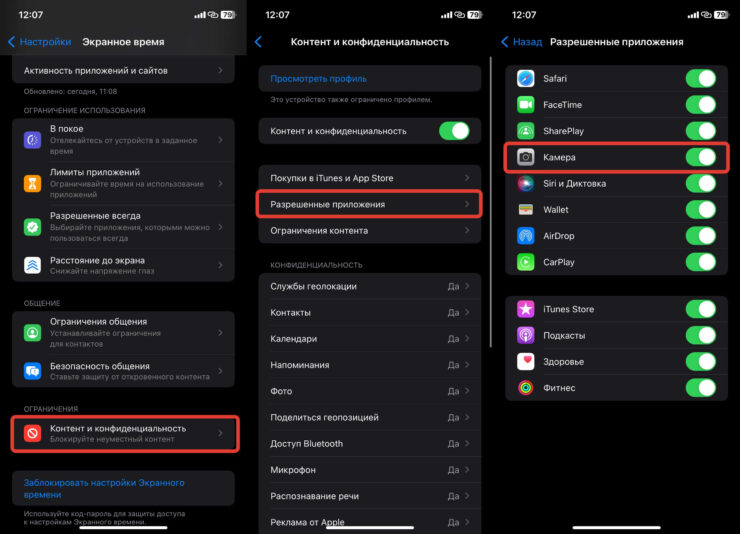 Почему пропала камера на Айфоне. Убедитесь, что этот переключатель активирован. Фото.