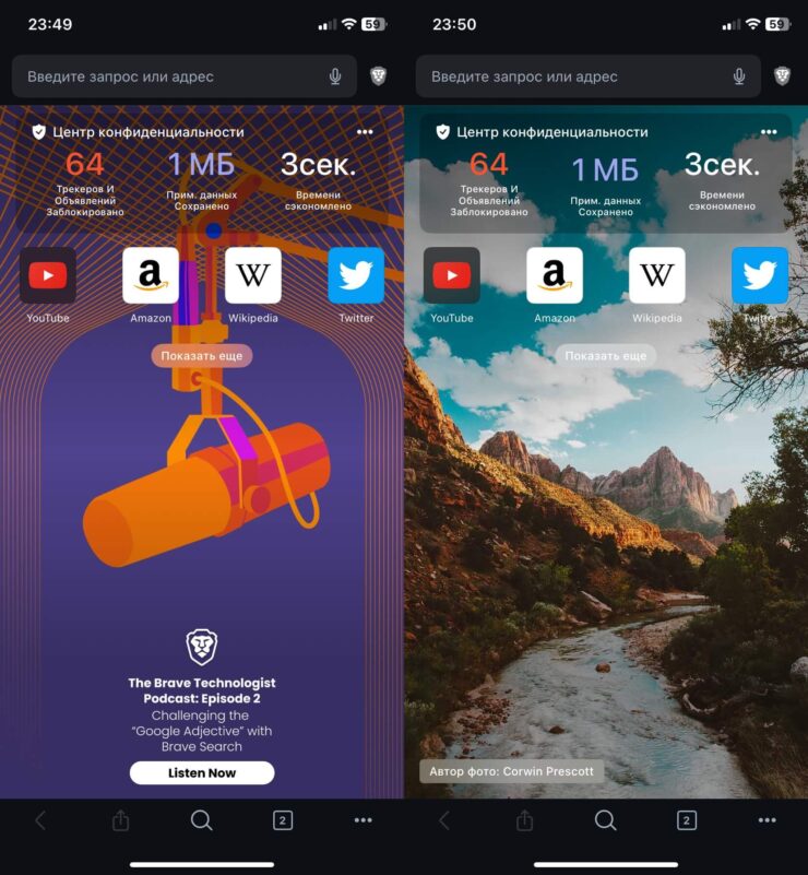 Скачать браузер Brave на русском. Помимо счетчика заблокированных трекеров, на главной странице браузера будут меняться обои. Фото.