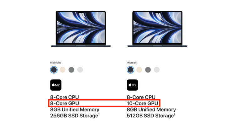 Чем отличаются новые процессоры Apple. Это один и тот же процессор M2. Просто у одного отключены 2 графических ядра, а у другого нет. Фото.