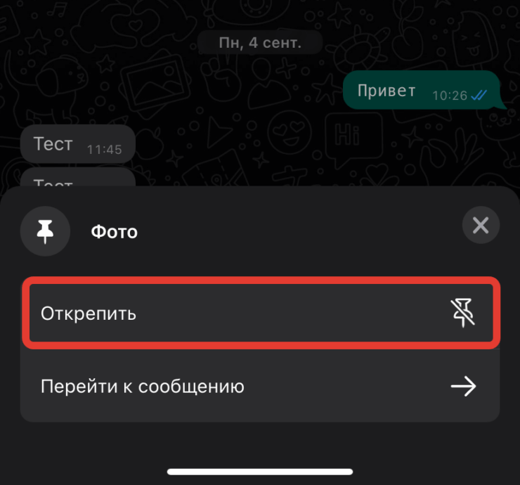 Ватсап: закрепление на 24 часа, 7 или 30 дней. Открепить сообщение можно в любой момент. Фото.