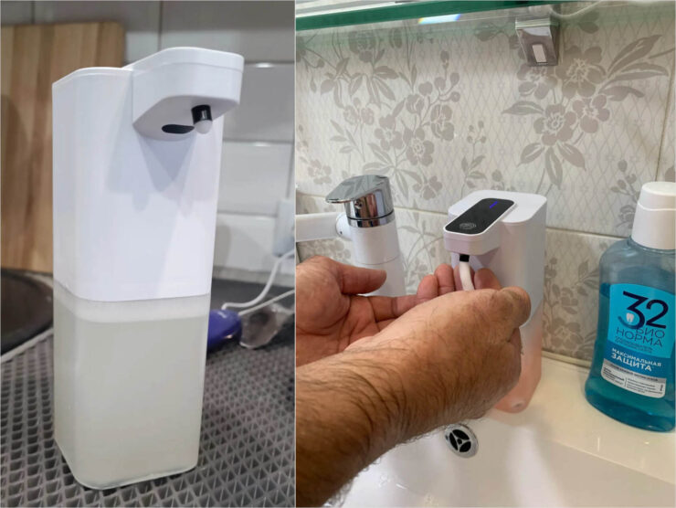 Автоматический дозатор для мыла. В комплекте с дозатором идет еще и пузырек с мылом. Автоматический дозатор для мыла. В комплекте с дозатором идет еще и пузырек с мылом. Фото.