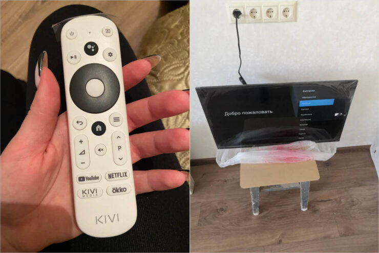 Качественный телевизор KIVI 32 дюйма. В комплекте с этим телевизором идет очень классный пульт с аэромышью и голосовым управлением. Фото.