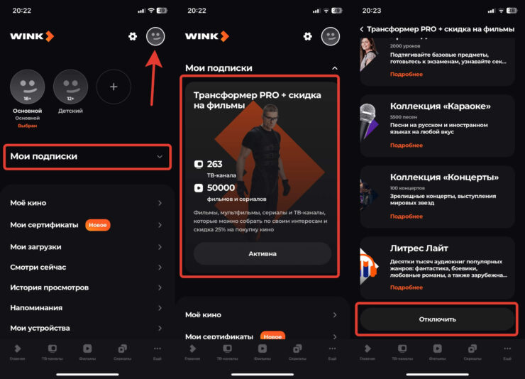 Как отключить подписку Wink. Отменить Wink можно через приложение. Фото.