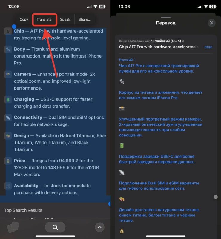 Поиск с помощью искусственного интеллекта. Можно запустить перевод с помощью встроенного переводчика. Фото.