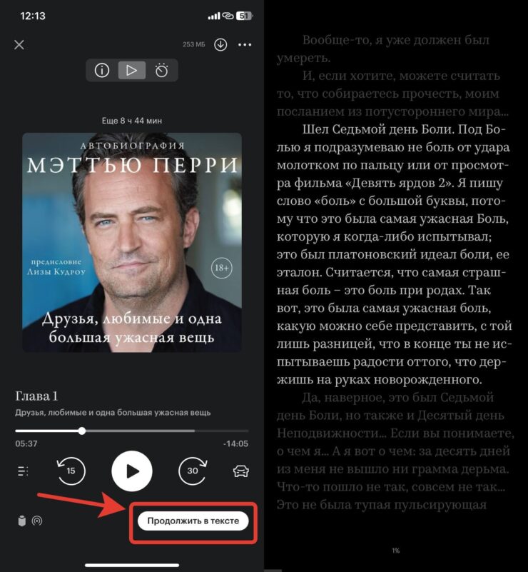 Слушать аудиокниги в Букмейт. Книга сразу откроется в текстовом виде, и будет выделен фрагмент, который вы только что слушали. Фото.