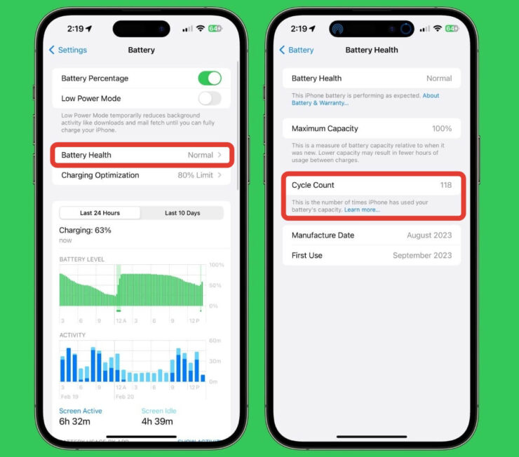 Количество циклов перезарядки на Айфоне. Количество циклов перезарядки теперь тоже можно посмотреть без стороннего софта. Но только на смартфонах линейки iPhone 15. Изображение: macrumors.com. Фото.