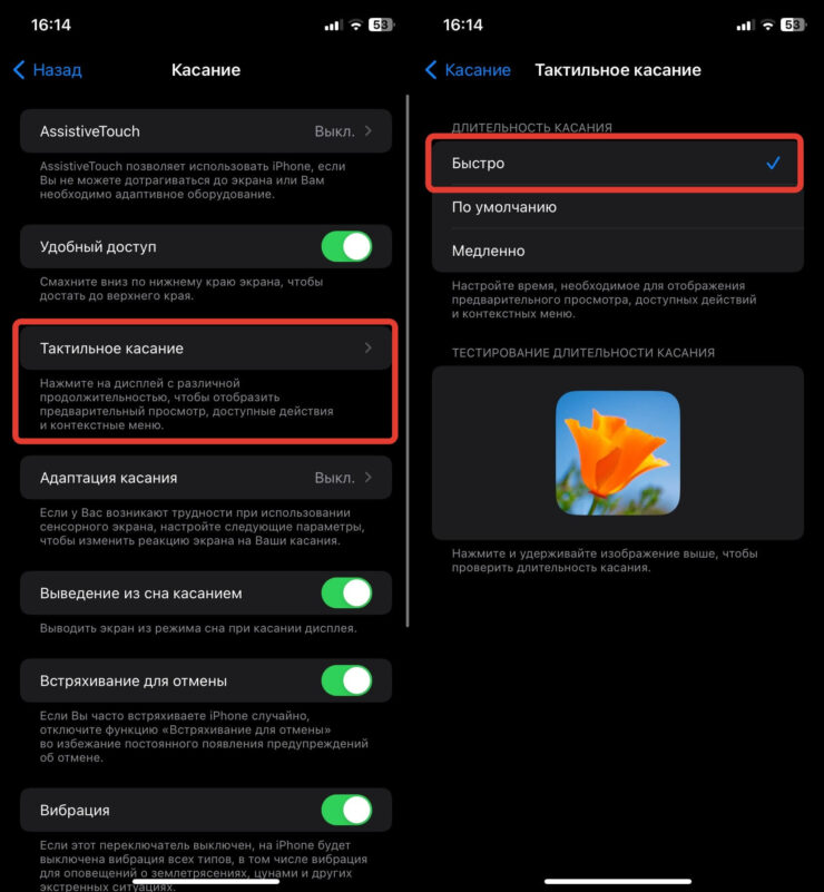 Долгое нажатие на Айфоне. Ускорение Haptic Touch вы точно ощутите на себе. Фото.