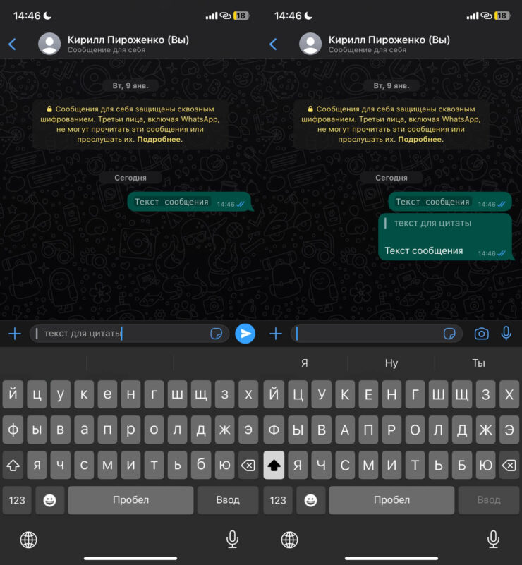 Цитаты в Ватсапе. Выделяйте цитаты в тексте сообщения. Фото.