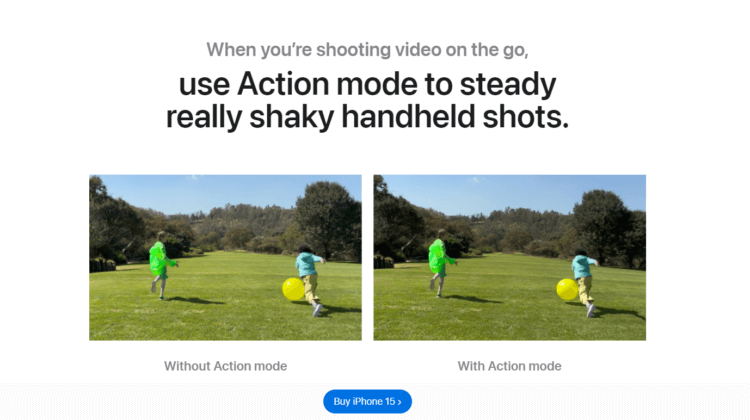 Порівняння різних айфонів. Apple наочно показує, чим відрізняється відео між використанням режиму Action Mode і без нього. Знімок.