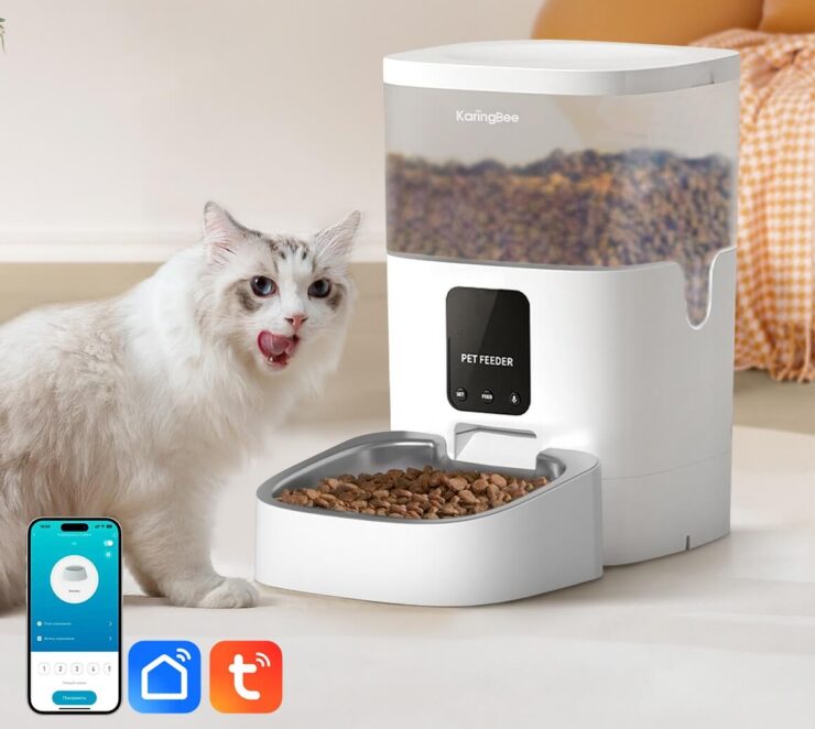 Автоматическая кормушка с таймером. Кормушка KaringBee KW-4 управляется через мобильное приложение. Автоматическая кормушка с таймером. Кормушка KaringBee KW-4 управляется через мобильное приложение. Фото.
