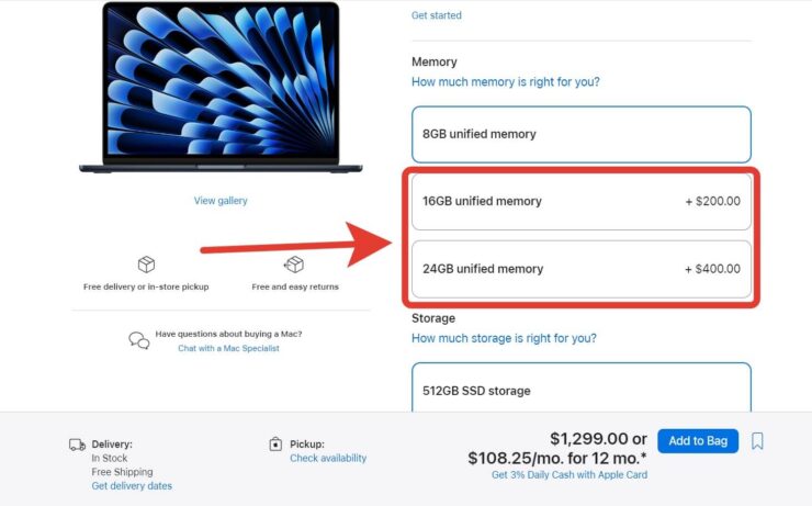 Можно ли увеличить оперативную память в Маке. Доплата за увеличение ОЗУ в два раза очень приличная. Фото.