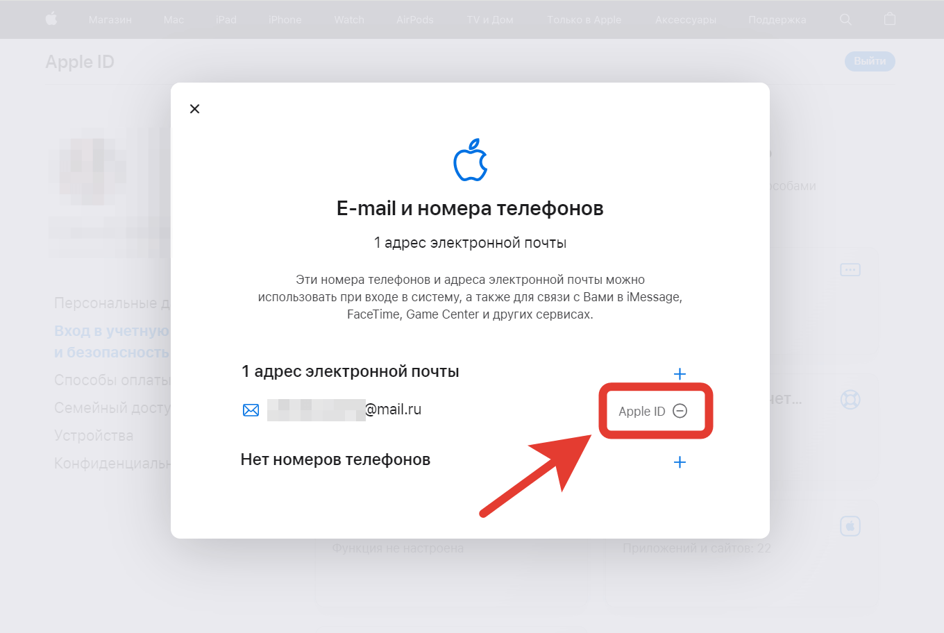 Как поменять почту в Apple ID. Нажмите на «-» для смены основного адреса электронной почты в Apple ID. Фото.