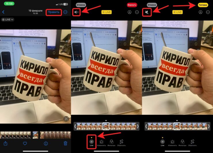 Как вырезать звук из видео. Звук из Live Photo удаляется тем же способом. Фото.