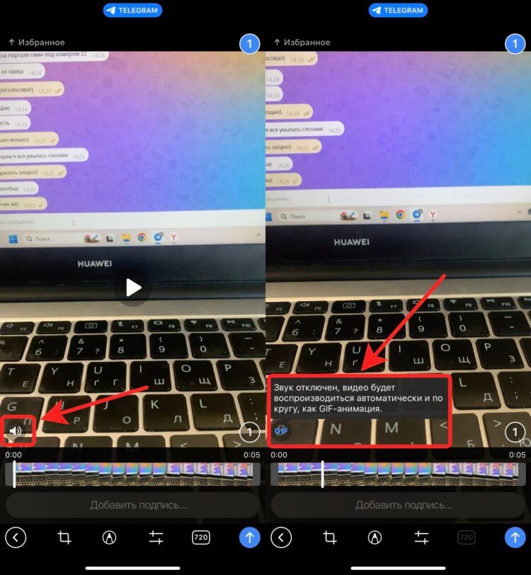 Бесплатно удалить звук из видео. При удалении звука некоторые видео Телеграм преобразует в GIF. Фото.