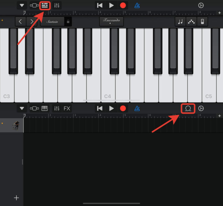 Рингтон на Айфон через GarageBand. Обязательно активируйте таймлайн, иначе не сможете добавить нужную песню. Фото.