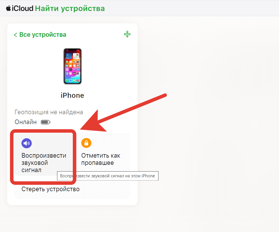 Воспроизвести звук на Айфоне через Локатор. Одним нажатием вы воспроизведёте звук на экране iPhone вашего ребенка. Фото.