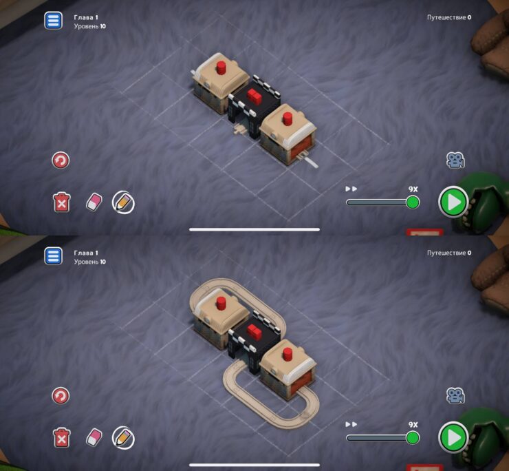 Teeny Tiny Trains — головоломка на телефон. Стройте железную дорогу и катайте по ней поезда. Фото.