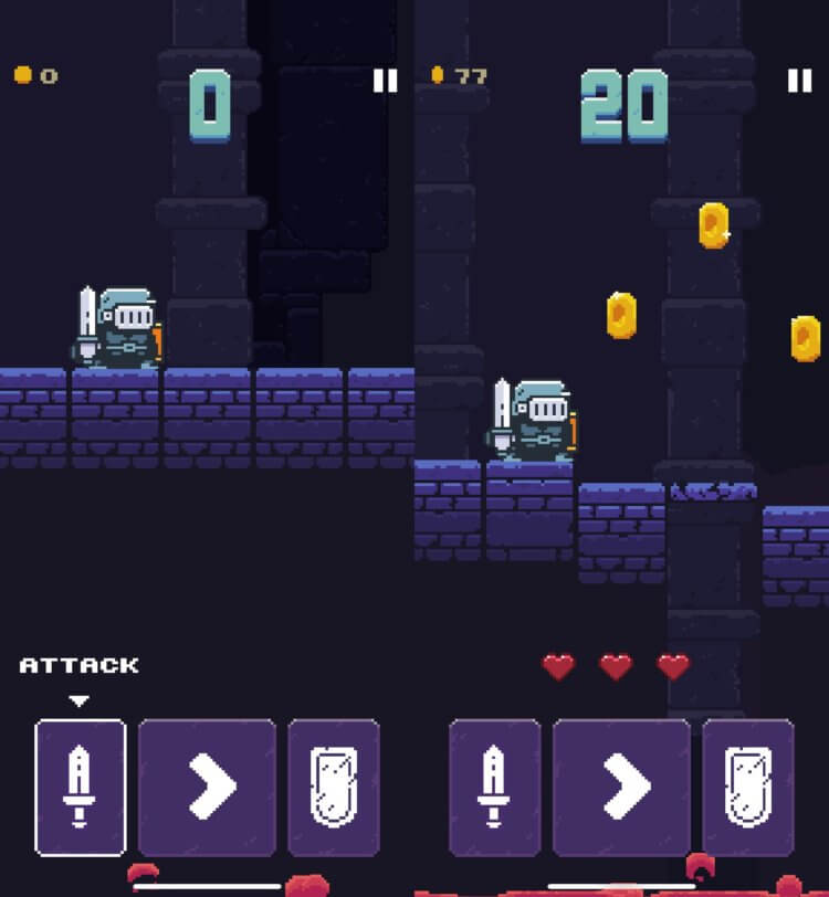 Hoppenhelm — бесплатная игра на Айфон. В игре всего три кнопки: атака, прыжок и защита. Фото.