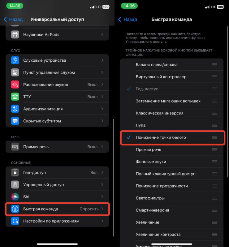 Как понизить яркость на Айфоне. Запускать Понижение точки белого можно тройным нажатием на кнопку блокировки. Фото.