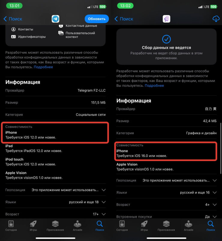 Подходят ли приложения для старого Айфона. Совместимость выбранного приложения можно проверить на его страничке в App Store. Фото.
