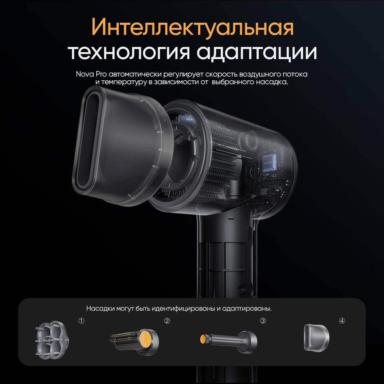 Какой фен для волос лучше. Все насадки крепятся к фену на магнитах. Изображение: mvideo.ru. Фото.