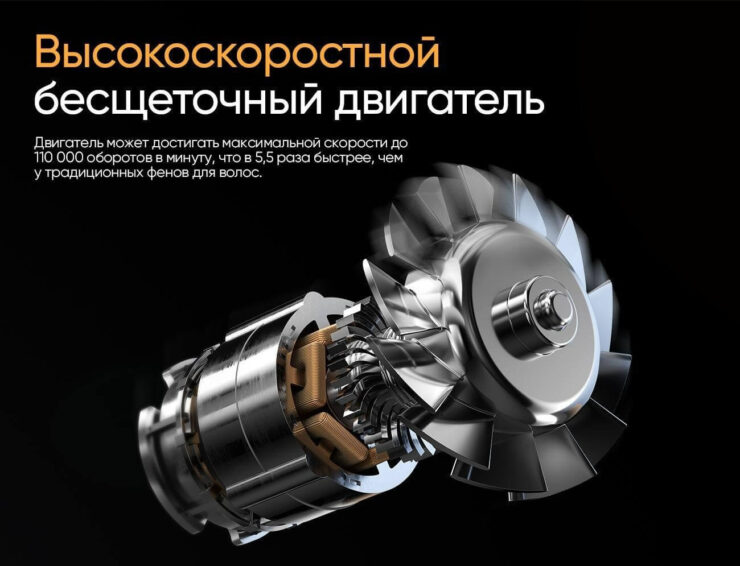 Мощный фен для волос. Бесщеточный двигатель не только отличается высокой мощностью, но и долгим сроком службы. Изображение: mvideo.ru. Мощный фен для волос. Бесщеточный двигатель не только отличается высокой мощностью, но и долгим сроком службы. Изображение: mvideo.ru. Фото.
