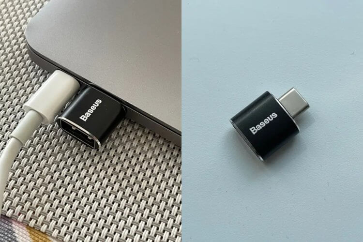 Переходник с USB-C на USB. При подключении к Макбуку он не выглядит чужеродно. Фото.